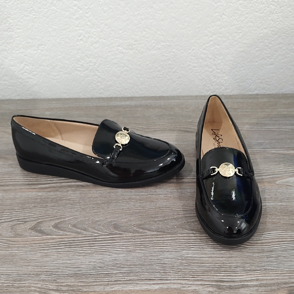 New Life Stride ZEN Black Patent Loafers 8 Gold Medallion Horsebit Velocity 2.0